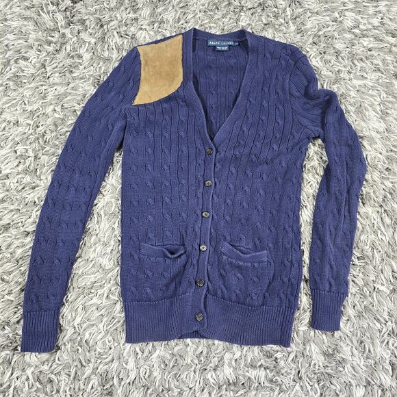 Ralph Lauren Sweater Mens Small Blue Cable Knit Elbow Patch Cardigan Button Up - Picture 1 of 7